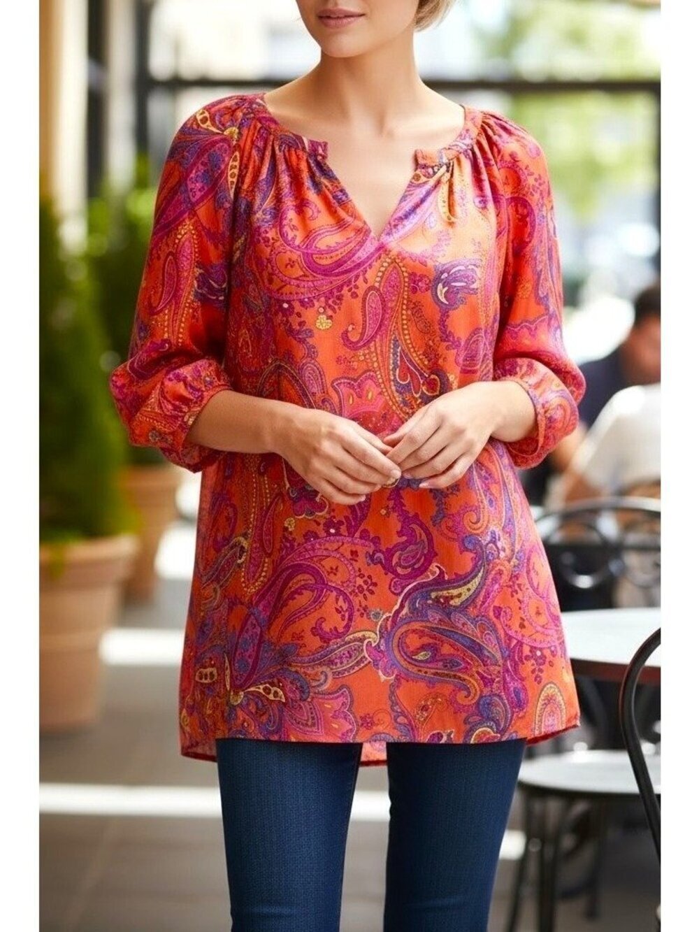 Lauren Ralph Lauren Silk Paisley Tunic Blouse Orange Pink Boho Size XL